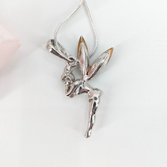 Disney Tinkerbell Jewel Wings Gray SilverTone Charm Pendant Fairy Necklace - Picture 2 of 4